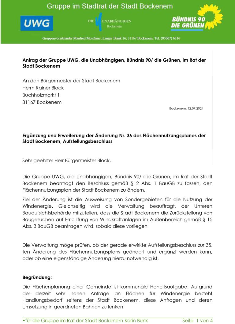 Erweiterung der Änderung Nr. 36 des Flächennutzungsplanes der Stadt Bockenem